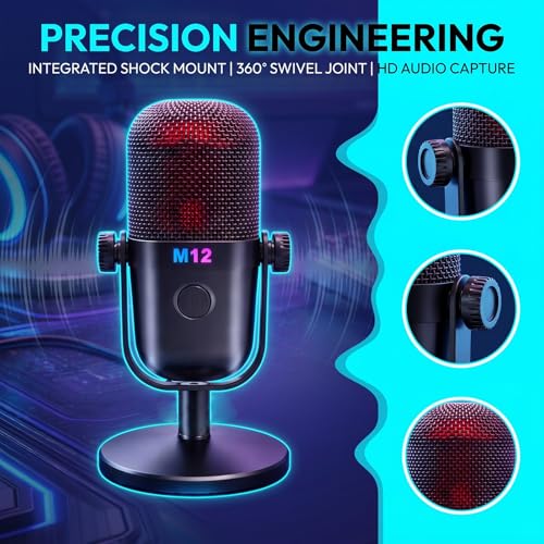 USB Microphone for PC Gaming, Condenser Mic with RGB Gradient, Noise Reduction, Round Stand Desk Podcast Mic for YouTube, Streaming, Podcasting & Recording