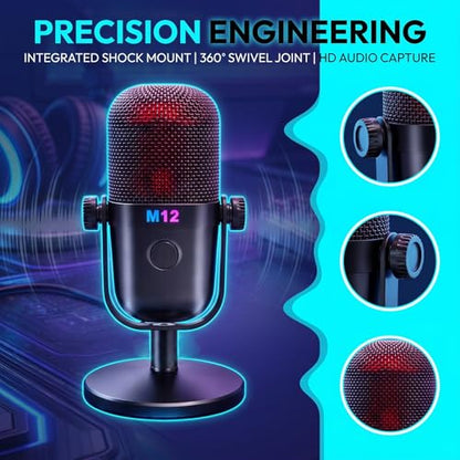 USB Microphone for PC Gaming, Condenser Mic with RGB Gradient, Noise Reduction, Round Stand Desk Podcast Mic for YouTube, Streaming, Podcasting & Recording