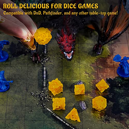 CZYY Cheese Dice Set, 7 Polyhedral Dice for Tabletop RPGs | Food-Themed Novelty Dice, Cheese Hole Details, 3D Printed, For Tabletop Games, Collections & Gamer Gifts