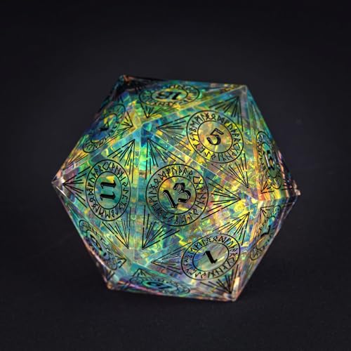 Cusdie Single D20 DND Dice with Sharp Edges and Glitter Foil Inclusions, 33mm Handcrafted 20 Sided D&D Dice, for Role Playing Game(Transparent w/Black Pattern) - color: Transparent W/Black Pattern