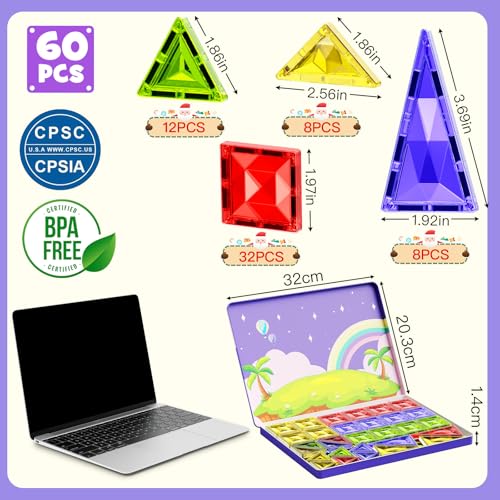 WMXDU Travel Magnetic Tiles Set: Tablet-Light, Group Play for Girls 3-8 | 60-Piece Travel Set, Keeps Girls Engaged in Group Play for 60+ Minutes in Cars/Planes Iron-Box Storage - style: 60pcs-Large