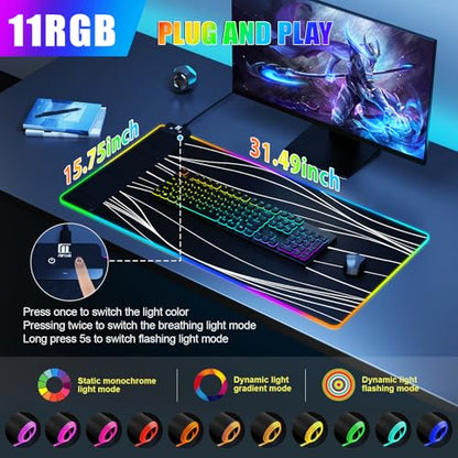 Mouse Pad with Phone Holder, Wireless Charging Desk Mat, RGB Gaming Mousepad Home Office Large Desk Pad with Ultra-Smooth Surface, Non-Slip Base, Waterproof Keyboard Pad,Wavy Black - color: 31.5x15.75"Phone Stand-Wave