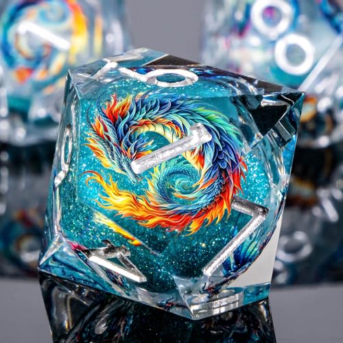 Roycevon Dragon Pattern Liquid Core DND Dice Set, 7Pcs Sharp Edge D&D Dice with Gift Box, Blue Resin Dungeons Dragons D and D Role Playing Dice D20 D12 D10 D8 D6 D4 - color: Blue