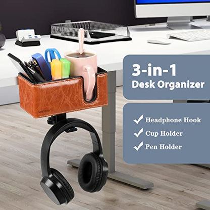 Under Desk Cup Holder Clamp on Cup Holder PU Leather Clip on Desk Organizer | Desk organizer with pencil holder clamp on side, under desk hanging organizer, clip on cup holder desk phone stand holder PU - color: Light Brown