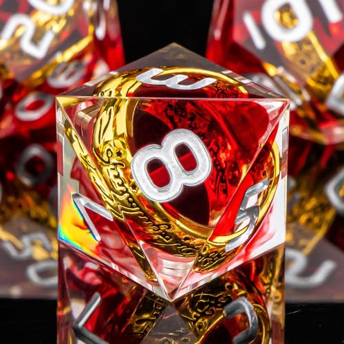 OUKELANWO Magic Lord Rings DND Dice Set with Box, 7Pcs Resin LOTR D&D Dice Set for Role Playing Game, Red Dungeons Dragons D and D Sharp Edge Dice D20 D12 D10 D8 D6 D4 - color: Red & White