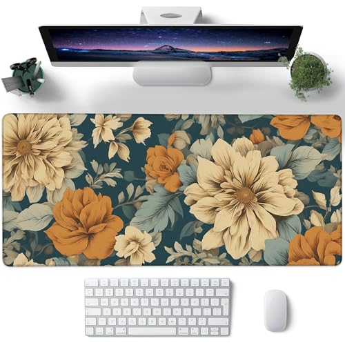 Desk Pad, Vintage Aesthetic Flower XL Gaming Mouse Pad with Stitched Edges,Non-Slip Waterproof Rubber Base Large Desk Mat for Keyboard and Mouse 31.5"x11.8" - color: Colour1, size: X-Large