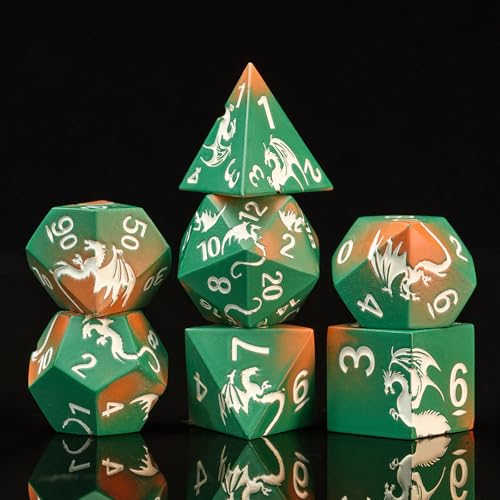 Dragon Theme Metal Dice Set,HNCCESG 7PCS Solid Zinc Alloy Polyhedral Dice with Magnetic Gift Box,Fantasy Role Playing Dice for DND Gifts (Green Orange Silver) - color: Green Orange Sliver Dragon