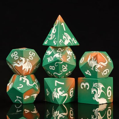Dragon Theme Metal Dice Set,HNCCESG 7PCS Solid Zinc Alloy Polyhedral Dice with Magnetic Gift Box,Fantasy Role Playing Dice for DND Gifts (Green Orange Silver) - color: Green Orange Sliver Dragon