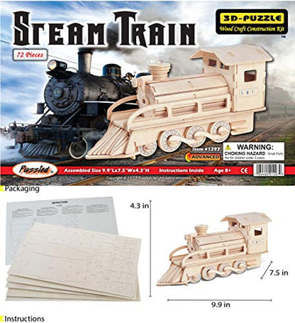 Puzzled 3D Wooden Steam Train Puzzle - Wooden Train Puzzle Toy for Kids and Adults, Educational 3D Puzzle Toy Train, 3D Wooden Train Model Kit to Build and Paint with 72 Puzzle Pieces - 1 Pack