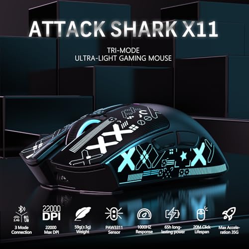 MAGIC-REFINER Attack Shark X11 59g Lightweight Wireless Gaming Mouse,RGB Charging Dock,Tri-Mode-BT/2.4G Wireless/Wired Mouse with Grip Tape,22000 DPI,5 Programmable Buttons for Pc/Mac(Black&Sticker) - color: Black & Griptape