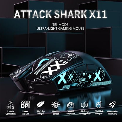 MAGIC-REFINER Attack Shark X11 59g Lightweight Wireless Gaming Mouse,RGB Charging Dock,Tri-Mode-BT/2.4G Wireless/Wired Mouse with Grip Tape,22000 DPI,5 Programmable Buttons for Pc/Mac(Black&Sticker) - color: Black & Griptape