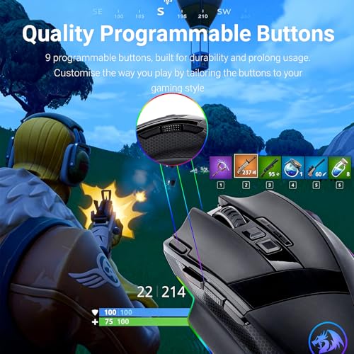 Redragon M801 Wireless Gaming Mouse, RGB Gaming Mouse with MMO 9 Programmable Macro Editing Buttons, UP 16000 Adjustable DPI, Rapid Fire Button for Game, Windows,PC - Wireless, Black - color: Black
