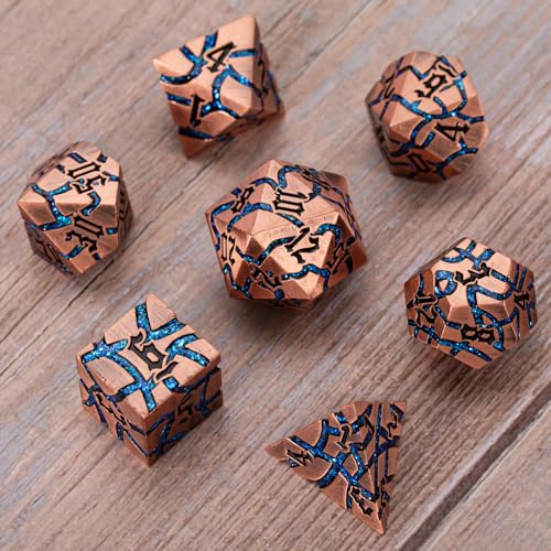 Cracked Rune Metal Dice Set for DND & RPG – Dark Fantasy Fractured Design, Premium Heavy Metal Polyhedral Dice with Deep Engraved Numbers, 7-Piece Set – Blue Arcane Vein - color: Antique Copper Bright Blue