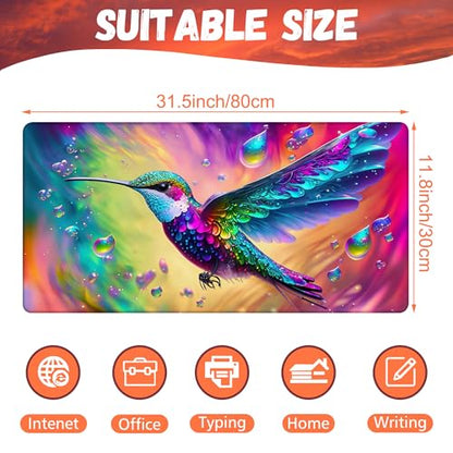 Large Gaming Mouse Pad for Desk, Colorful Hummingbird Desk Mat, Bright Hummingbird Desk Pad, 31.5"x15.7" Extended Big Computer Keyboard Mouse Pad with Non-Slip Base and Stitched Edge - color: Colorful Hummingbird