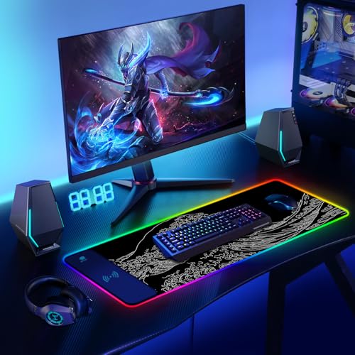 ToLuLu RGB Wireless Charging Gaming Mouse Pad, 7.5/10/15W 10 Light Modes LED Mouse Pad Computer Keyboard Mat Mousepad, 800x300x4MM Extended Large Desk Pad Mat, Japanese Kanagawa Sea Wave Black White - color: Japanese Kanagawa Sea Wave Black White