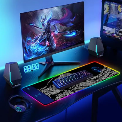 ToLuLu RGB Wireless Charging Gaming Mouse Pad, 7.5/10/15W 10 Light Modes LED Mouse Pad Computer Keyboard Mat Mousepad, 800x300x4MM Extended Large Desk Pad Mat, Japanese Kanagawa Sea Wave Black White - color: Japanese Kanagawa Sea Wave Black White