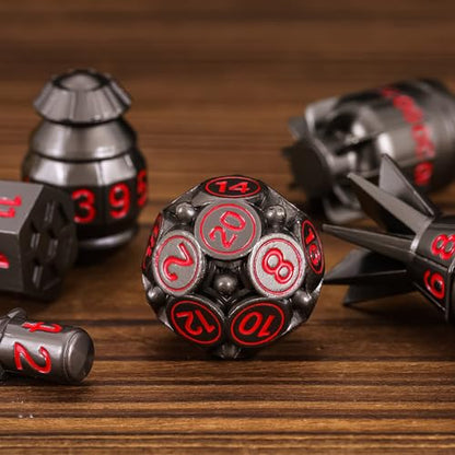 UDIXI RPG Metal Dice Set D&D 7PCS Polyhedral Metal DND Dice Set Black | Bomb Shape, Solid Metal, Cool Design, Leather Pouch Packaging, for Dungeons and Dragons Role Playing Games Tabletop Game - color: Black Red