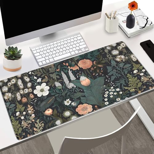 Dark Flower Desk Mat Floral Plants Mouse Pad Boho Aesthetic Wildflowers Large Gaming Mousepad Desk Pad, XXL Keyboard Mouse Mat Full Desktop Mat Women Office Desk Accessories 31.5"x15.7" - color: A5- Dark Flowers