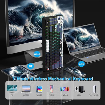 Womier 75% Wireless Mechanical Keyboard with Color Multimedia Screen | Anime Gaming Creamy Keyboard,3-Modes Hot Swap Kanagawa Theme Keyboard w/Wrist Rest,Gasket RGB Custom for Mac/Win,SK80 PRO - color: Anime Black