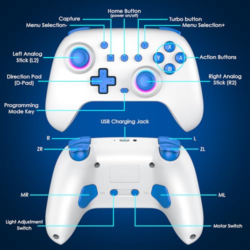 PPKKAI Switch Controllers 2 Pack, Wireless Switch Pro Controller for Nintendo Switch/Lite/OLED, Gaming Controller with Hall Effect Joysticks/Programmable/Adjustable Dual Vibration, Blue-White