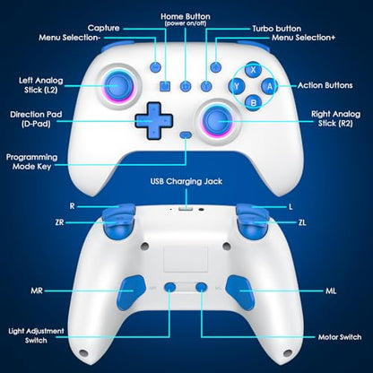 PPKKAI Switch Controllers 2 Pack, Wireless Switch Pro Controller for Nintendo Switch/Lite/OLED, Gaming Controller with Hall Effect Joysticks/Programmable/Adjustable Dual Vibration, Blue-White