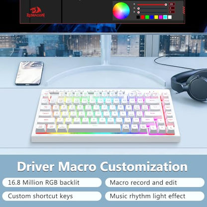 Redragon Wireless Gaming Keyboard, Bluetooth/2.4GHz/USB-C Wired, RGB Backlit, Portable 75% Mini Quiet Macro Membrane Keyboard, Rechargeable 4000mAh Battery, Anti-Ghosting for Win/MAC, White - color: White
