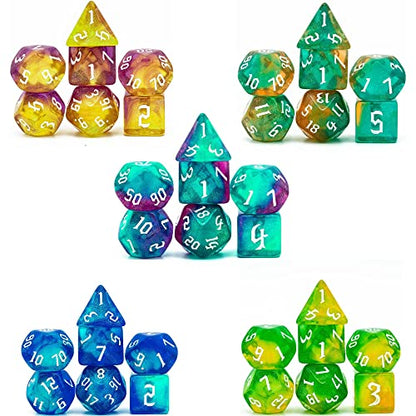 5 Sets DND Dice, Polyhedral Dice Set (35pcs) with Leather Die Bag, D&D Die Set for RPG Table Games (Sickle Font Double Color Glitter Series). - color: 5 Sets Sickle Font Glitter
