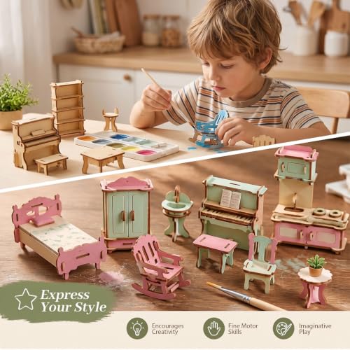 34PCS Wooden Dollhouse Furniture Set, 1:20 Scale | Miniature Furniture for Kitchen, Living Room, Bathroom. STEM Classroom Educational Toy for DIY Crafts and Creative Building