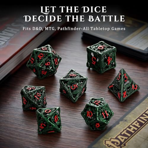 MoKo Dragon Hollow Metal DND Dice Set, Green+Red | 7 Pcs Polyhedral, D20 D12 D10 D8 D6 D4, For Dungeons and Dragons RPG Games, With Gift Box - color: 4 - Dark Green+red