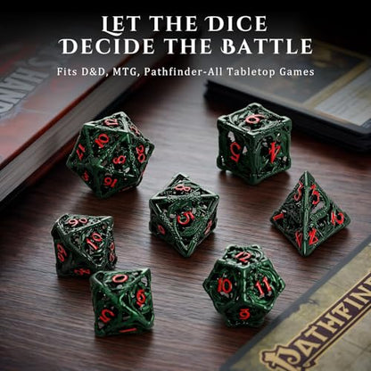 MoKo Dragon Hollow Metal DND Dice Set, Green+Red | 7 Pcs Polyhedral, D20 D12 D10 D8 D6 D4, For Dungeons and Dragons RPG Games, With Gift Box - color: 4 - Dark Green+red