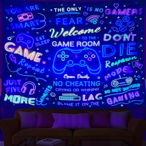 ARTCREATOR Black Light Gaming Tapestry, Welcome To The Game Room Sign For Gaming Room Wall Decor For Boys, Cool UV Reactive Tapestries Gaming Wall Decor for Bedroom (70" x 90") - color: colours, size: 90"L x 70"W