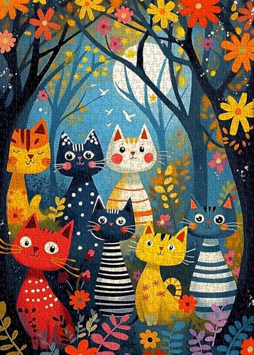 Moonlit Cat Forest Jigsaw Puzzles 1000 Pieces, PICKFORU Colorful Animal Puzzles for Adults, Challenging Unique Art Puzzle