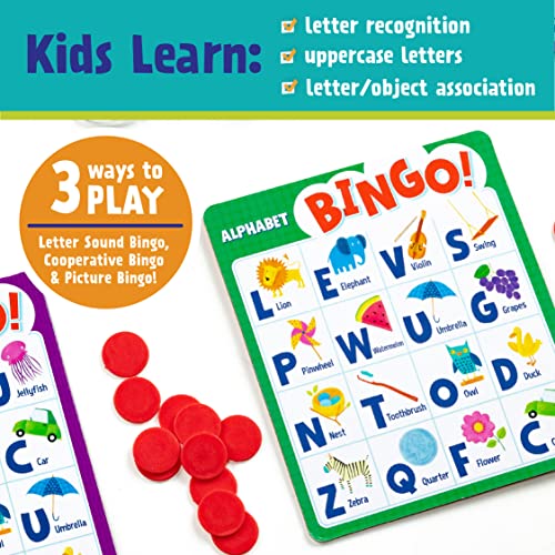 Peaceable Kingdom Alphabet Bingo! Letter Learning Educational Board Game for 2 to 6 Kids Ages 4+ | Teach letters and sounds with a bingo twist—6 boards, 26 letter tokens and 72 chips. Educational fun for ages 4+
