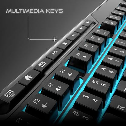 Aimzone Backlit Gaming Keyboard, Ergonomic Quiet Membrane Led Keyboards, 8 Extra On-Board Multimedia Keys, Anti-Ghosting, Dedicated Media Control, Wired, USB, Black (Keys Don't Light Up)