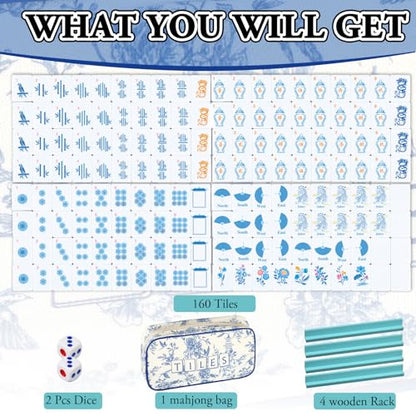 Soulchen Mini American Mahjong Tile Set Include 160 0.8 Inch Mahjong Tiles 2 Dice 4 Wooden Rulers 1 Accessory Bag 4 Beginner Rule Cards (Chinoiserie) - style: Chinoiserie