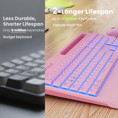 Pink Keyboard and Mouse Wireless Combo, 4000mAh Rechargeable Backlit Quiet Keyboards mice set, USB Ergonomic Key Board with Wrist Rest & Phone Holder for PC, Mac, Windows, Natural Soft Typing —SABLUTE - color: Pink