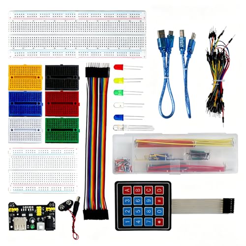 Electronics Component Fun Kit with 830 & 400 tie-Points Breadboard | with Jumper Wire, Power Supply Module, 4x4 Keypad, LED Diode, USB Cable, total 358 Items for Arduino, Raspberry Pi
