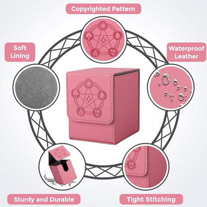 Card Deck Box with 2 Dividers, MTG Commander Deck Box Holds 100+ Double-Sleeved Cards, Leather Magnetic Deck Case Compatible with Magic TCG CCG Cards, Pink - color: 2. Pink, size: 100 Double-sleeved Cards Vertical