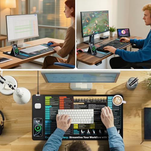 Wireless Charging Mouse Pad with Foldable Phone Holder, 31.5"x15.8" in | XXL Excel Cheat Sheet Desk Mat for Laptop/Keyboard, Waterproof Ultra-Smooth Surface, Non-Slip Base - color: Black Excel-Phone Holder-31.5"x15.8"