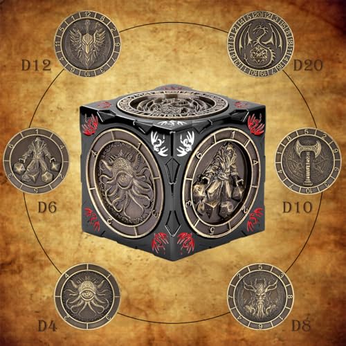 DND Spinner Dice, 7-in-1 Metal Dice Set, 3D Relief Design, DND Polyhedral Rotating Game Dice, D&D Gifts with Dragon Logo Gift Box, RPG, Role Playing Board Game Accessories, Black - color: Gold + Dark Grey