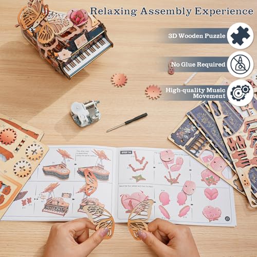 3D Puzzles for Adults, 3D Wooden Puzzle-Magic Piano, Mechanical Model Kit Music Box, DIY Wooden Model Building Hobby Gifts for Men Women, Birthday Gift for Music Box Puzzle Lover - color: Magic Piano