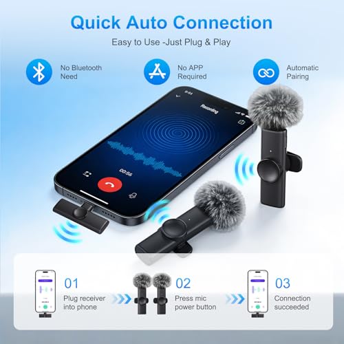 2 Pack Wireless Lavalier Microphone for iPhone iPad Android, Plug & Play Lapel Mic with Noise Reduction, Professional Mini Mic for Video Recording, YouTube TikTok Vlog Podcast Interview Livestream
