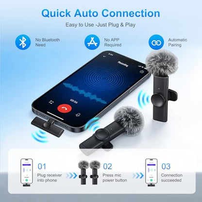 2 Pack Wireless Lavalier Microphone for iPhone iPad Android, Plug & Play Lapel Mic with Noise Reduction, Professional Mini Mic for Video Recording, YouTube TikTok Vlog Podcast Interview Livestream