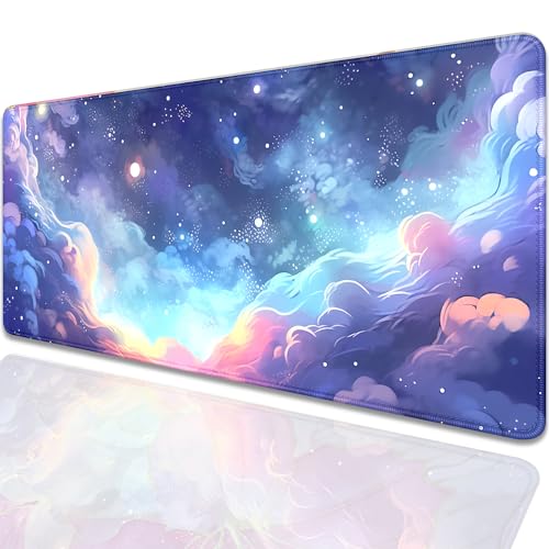 Stars Sky Dark Blue Cosmos Mouse Pad Desk Mat,Large Extended Gaming Mouse Pad with Stitched Edges,Non-Slip Waterproof Rubber Base for Office,Computer,Keyboard,Laptop and Home Desk Pad(27.5X11.8 in) - color: Blue Cloud
