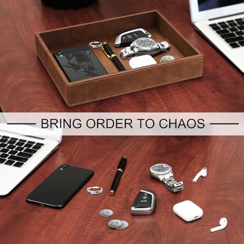SITHON Valet Tray Desk Organizer PU Leather Catchall | Bedside Vanity Tray Nightstand Caddy Coin Box Key Jewelry Storage Organizer, Graduation, Brown - color: Brown