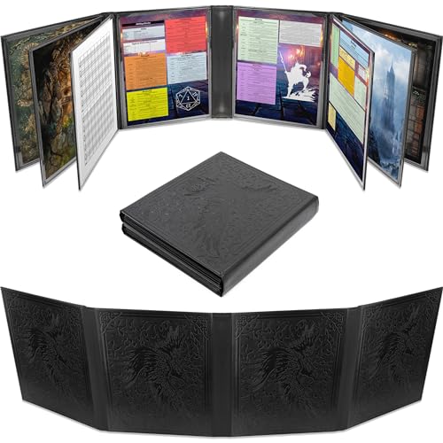 CASEMATIX DM Screen Faux Leather 12-Panel Deluxe GM Screen - Twelve Panel XL Folding Dungeon Master Screen with 4 Swinging Panels and Wet Erase Pockets for TTRPGs - Black, Inserts Not Included