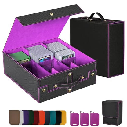 Cieex Trading Card Storage Box with Handle, 3-Row Cards Box for Sport Card | Fits 2100+ Single Sleeved, Commander Cards Box for MTG TCG, Foldable Card Holder with 1 Small Card Case 10 Divider 3 Stopper