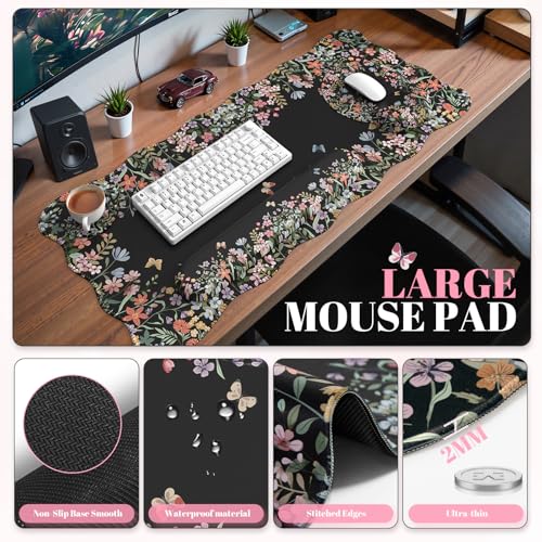 iCasso Desk Mat Set,Large Mouse Pad with Wrist Rest,Ergonomic Keyboard Wrist Support for Women,Girly Floral Computer Mat with Scalloped Edges,Non-Slip Desk Pad Home Office Gaming (Black) - color: Black