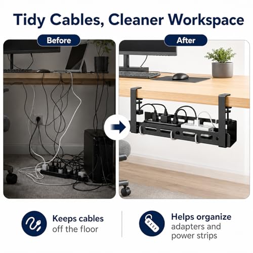 Under Desk Cable Management Tray, 15.75" No Drill Clamp-On Metal Cable Tray for Power Strip, Compact Under Desk Cord Organizer and Wire Management Holder for Office, Gaming Desk, Standing Desk