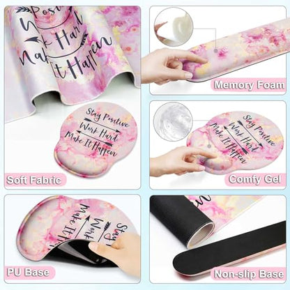 Large Mouse Pad and Keyboard Wrist Rest + Desk Mat Set,Full Long Mouse Pads for Desk Accessories with Memory Foam Gel Pink Mousepad for Women Computer Desktop Office Work-Pink & Black Slogan | Ergonomic,Pain Relief, 4-in-1 Large Big Mousepad Computer Mats